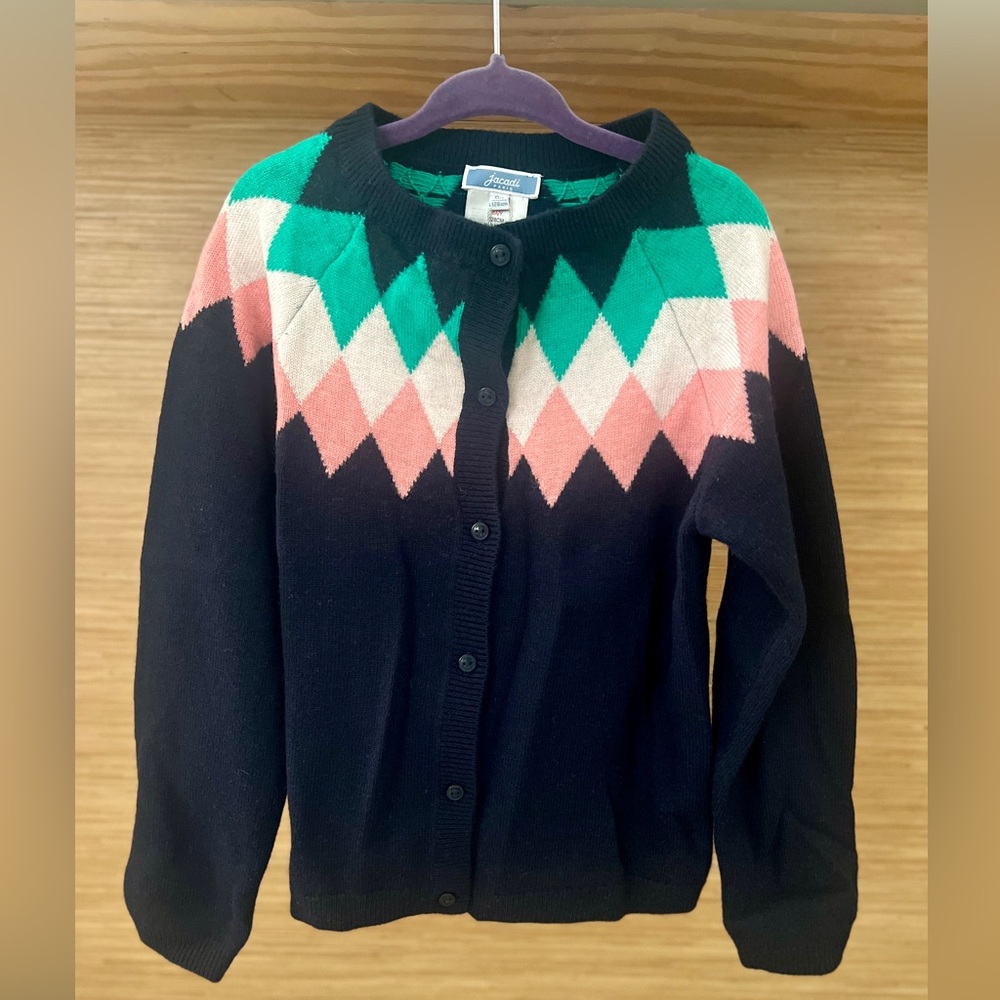 Brand New Jacadi Paris Kids Wool Navy Blue Elegant Girl Argyle pattern Cardigan